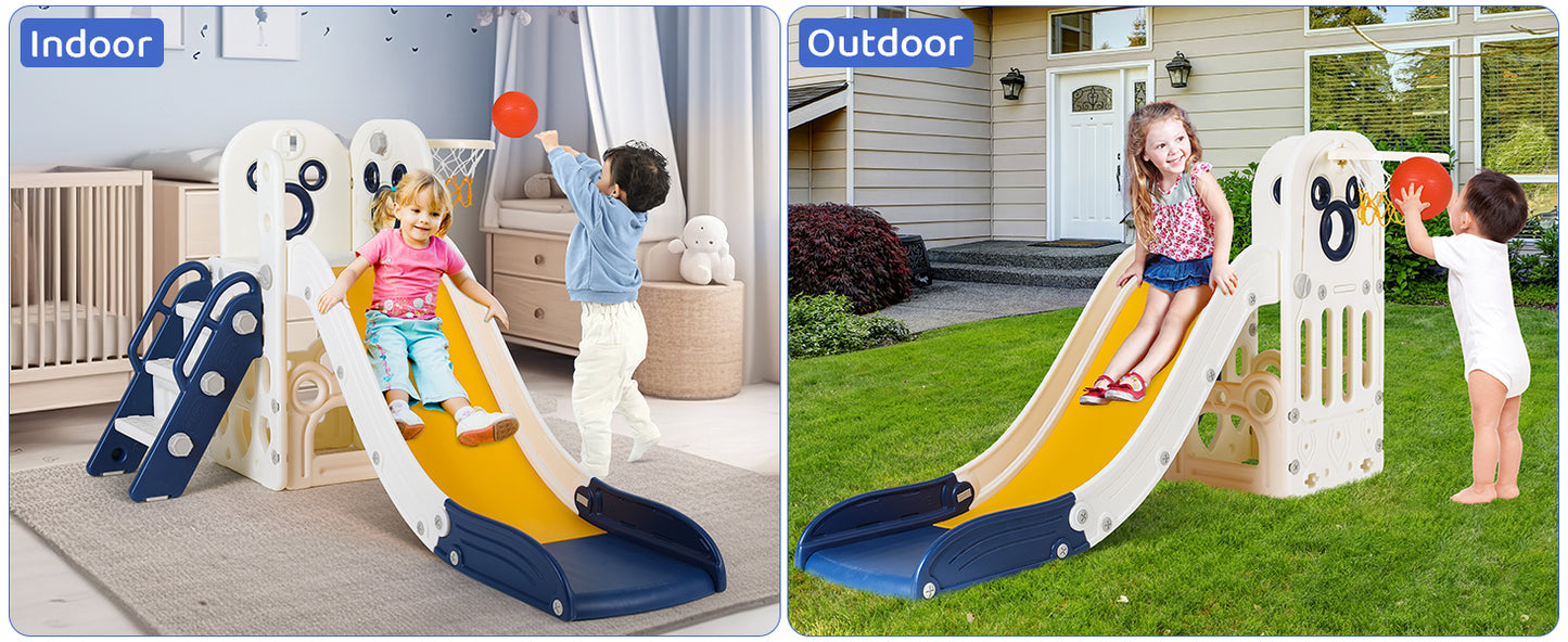 Sturdy Toddler Slide with Basketball Hoop Plastic Kids Slide Climber with Anti-Slip Steps Indoor Outdoor Children Toy Playground