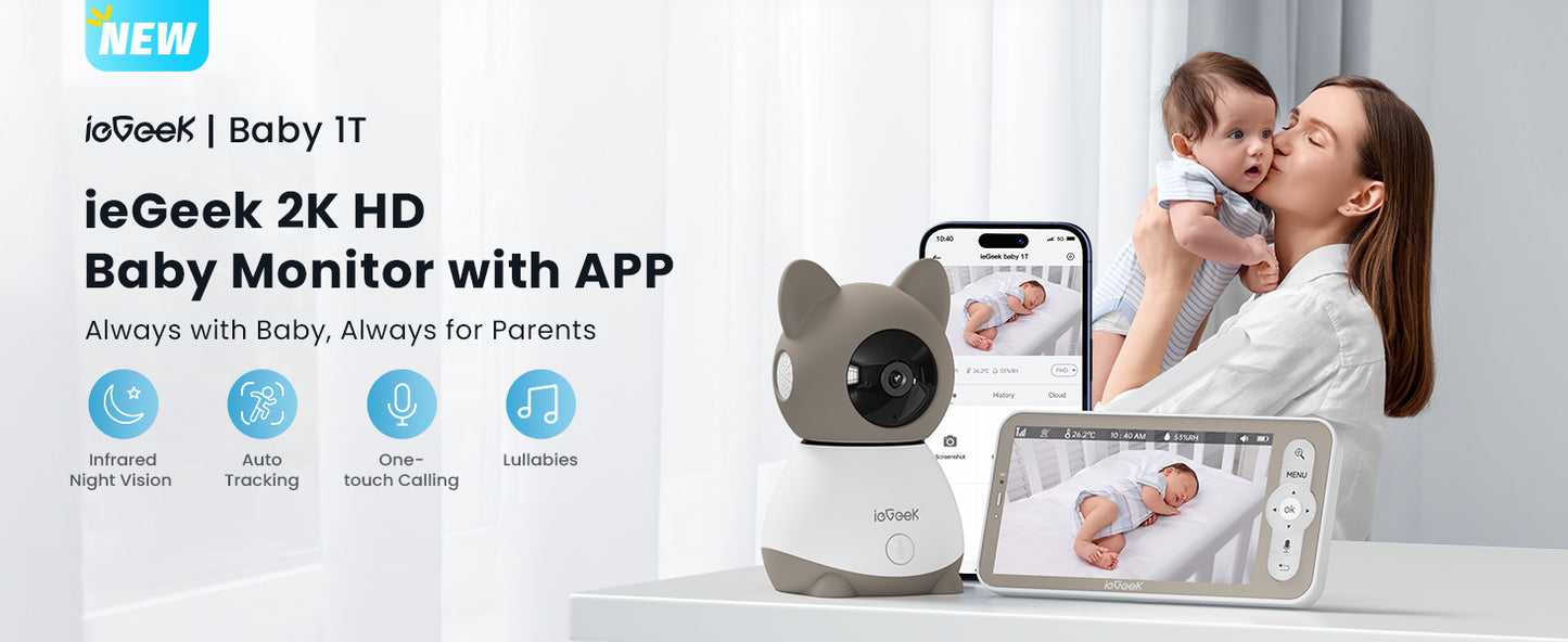 ieGeek Baby Monitor with 2K Camera and Audio - Video Monitor with 5" Screen - Night Vision, Two-Way Talk, Cry & Motion Detection