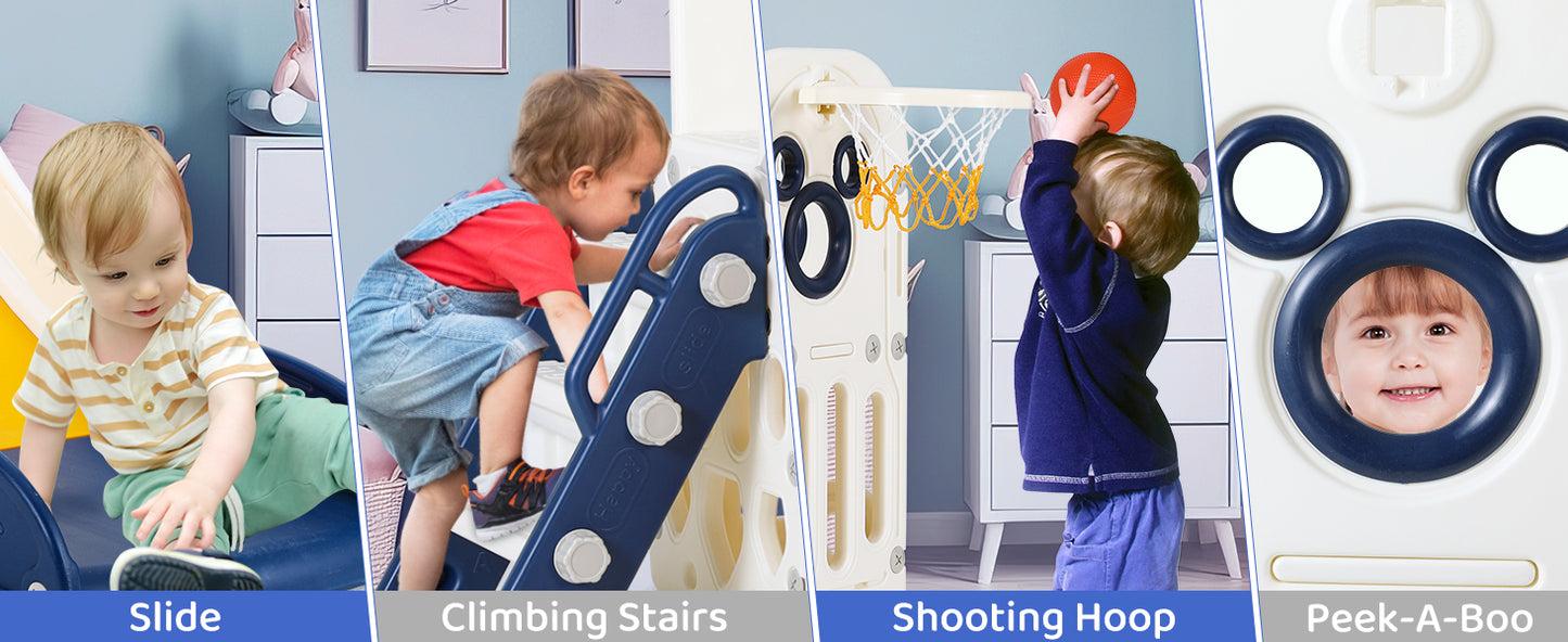 Sturdy Toddler Slide with Basketball Hoop Plastic Kids Slide Climber with Anti-Slip Steps Indoor Outdoor Children Toy Playground