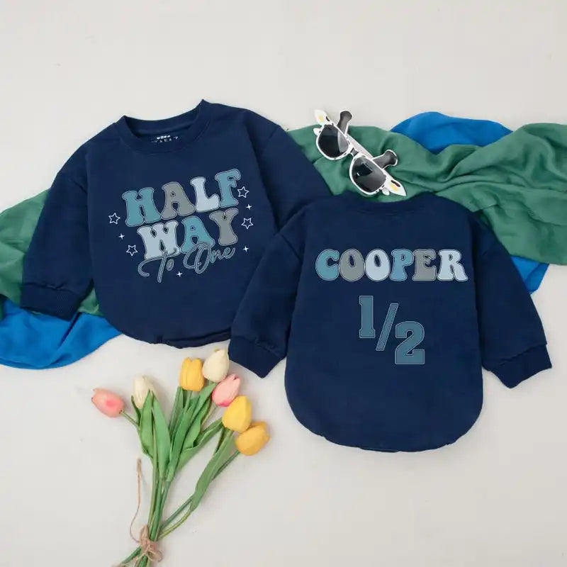 Personalized Half Way To One Romper, Half Birthday Boy Romper, 6 Months Birthday Gift, Birthday Outfit, Newborn For Boys
