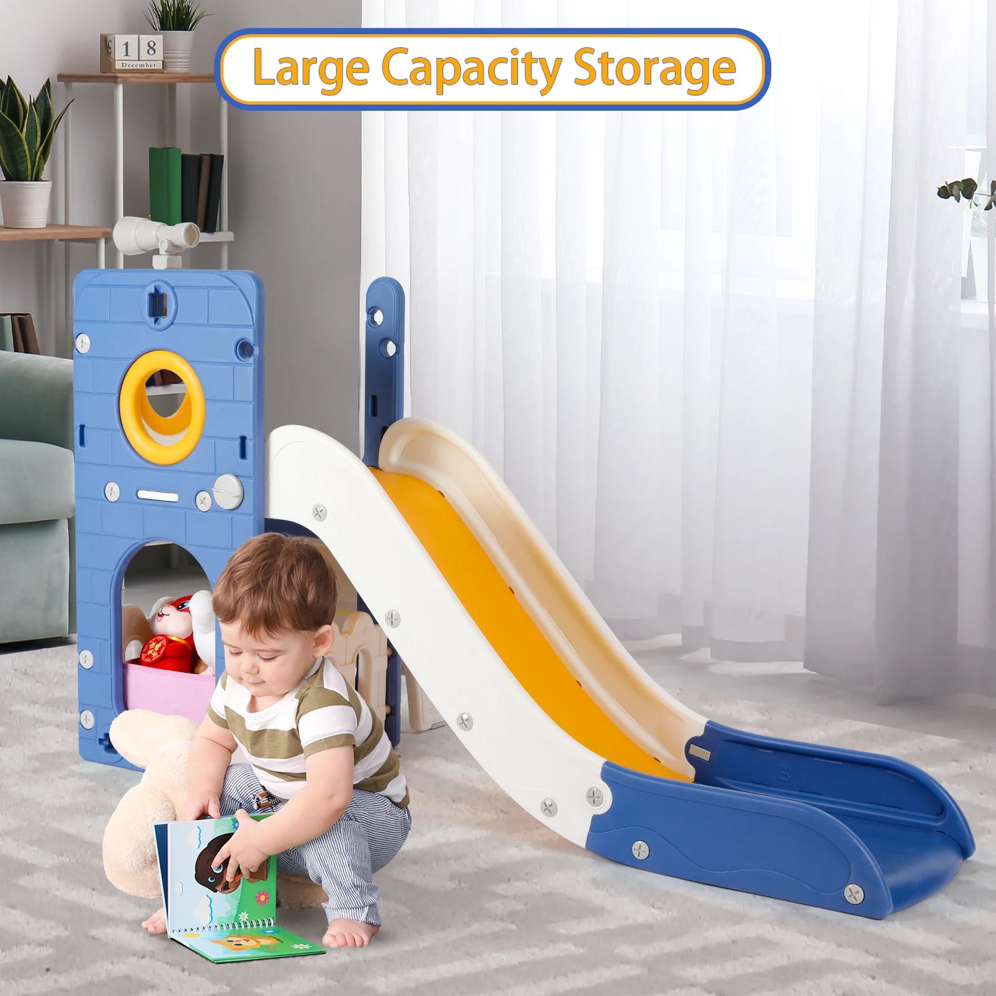 Sturdy Toddler Slide with Basketball Hoop Plastic Kids Slide Climber with Anti-Slip Steps Indoor Outdoor Children Toy Playground