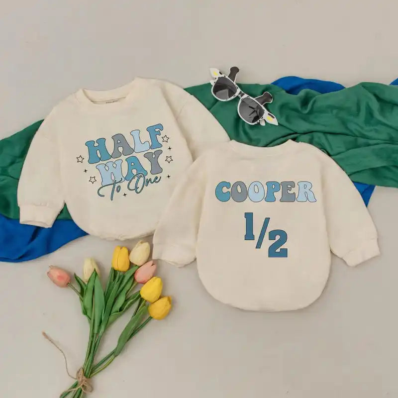 Personalized Half Way To One Romper, Half Birthday Boy Romper, 6 Months Birthday Gift, Birthday Outfit, Newborn For Boys