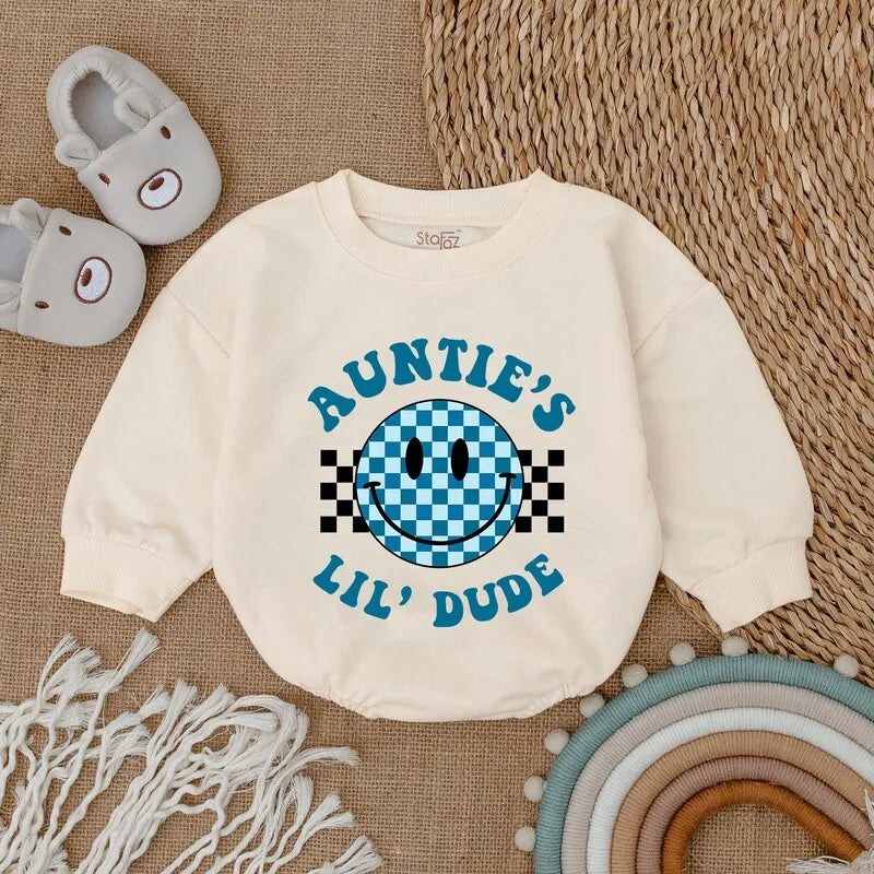 Auntie's Little Dude Baby Bubble Romper, Newborn Baby Gift, Baby Shower Gift, Auntie Baby Shirt, Pregnancy Announcement