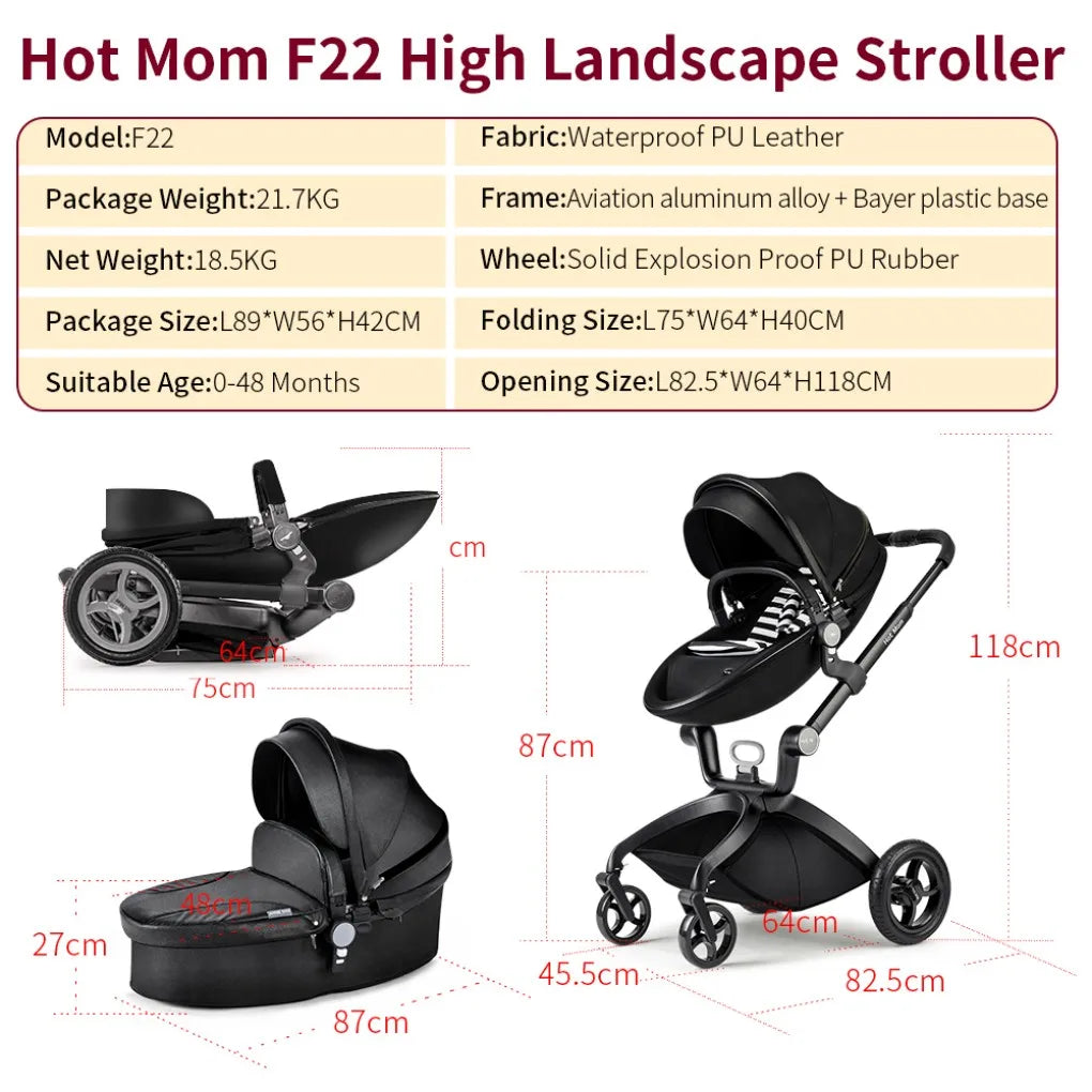 Baby Stroller High Landscape Convertible Infant Stroller Adjustable Canopy & Backrest Storage Basket Foot Cover