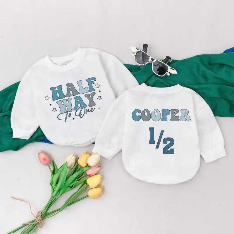 Personalized Half Way To One Romper, Half Birthday Boy Romper, 6 Months Birthday Gift, Birthday Outfit, Newborn For Boys