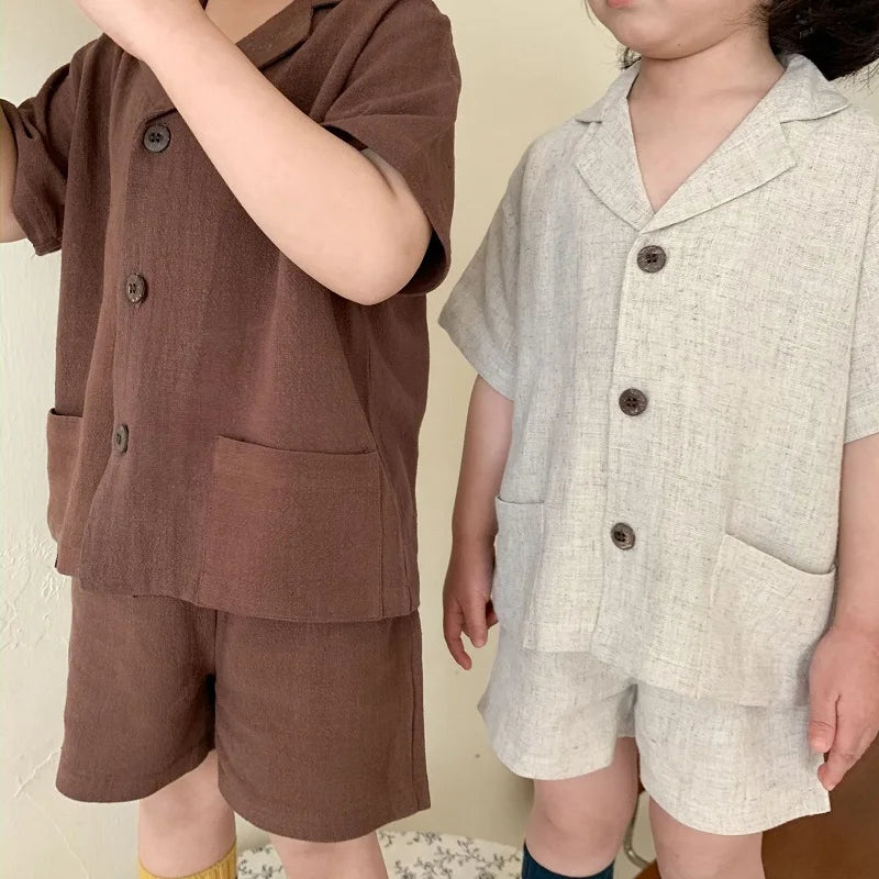 Baby Boy Girl Clothes Sets Shirt+Short Linen Summer Infant Toddler Child Homesuit Button Short Sleeve Baby Clothes 1-7Y