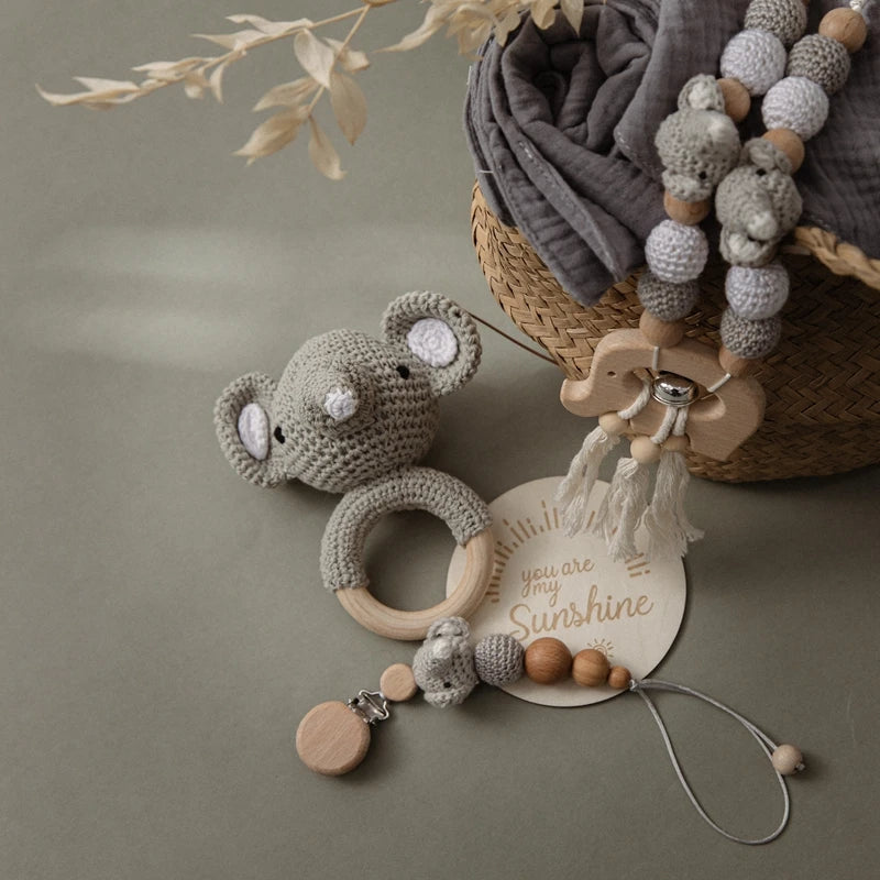 Newborn Bath Toy Set Double Sided Cotton Blanket Crochet Rattle Stroller Toys Animal Teething Bracelet Baby Birth Gift Product