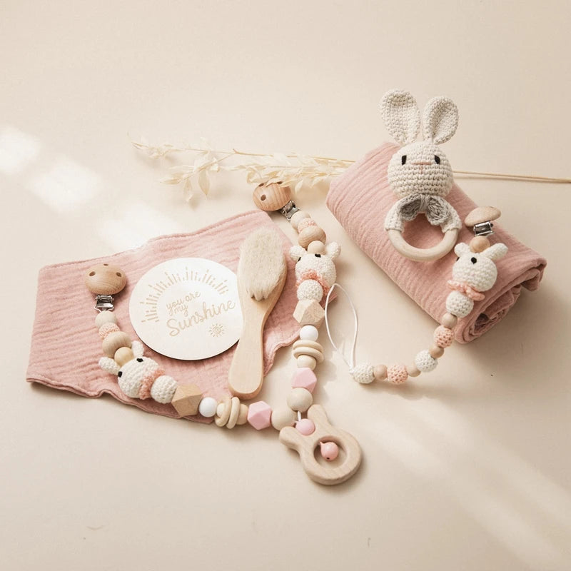 Newborn Bath Toy Set Double Sided Cotton Blanket Crochet Rattle Stroller Toys Animal Teething Bracelet Baby Birth Gift Product