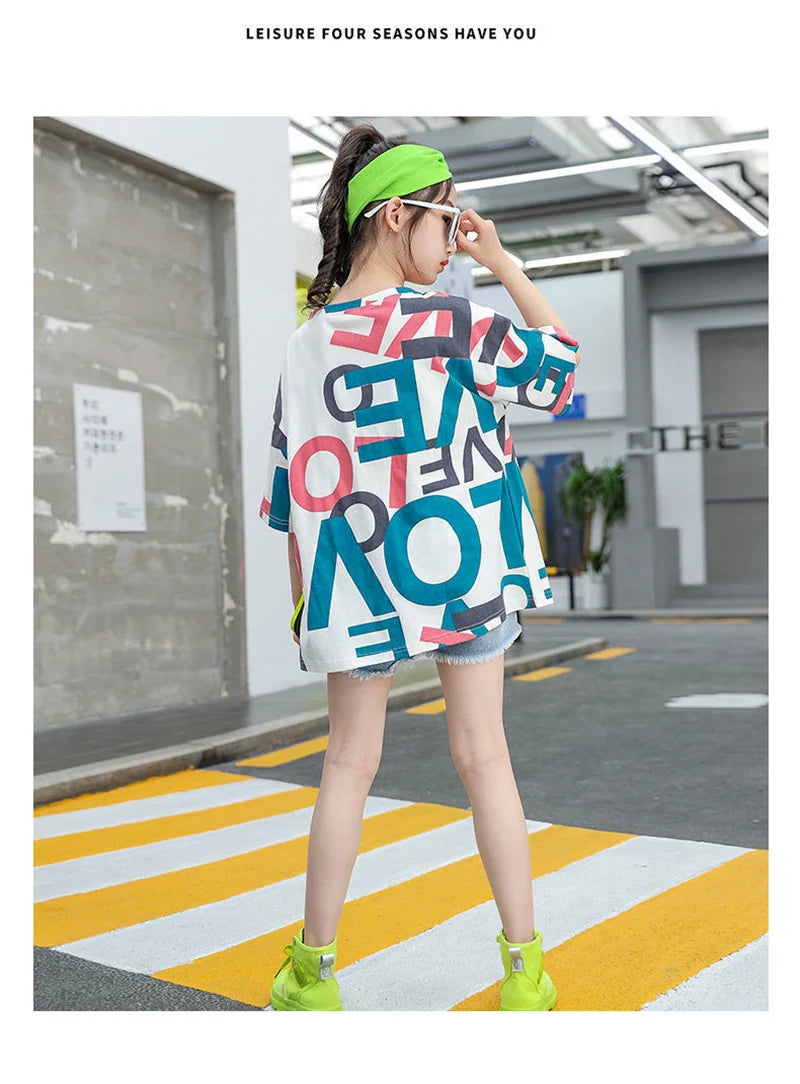 Girls T-shirt Summer Teenagers Short Sleeve Tops Tees Sport Kids School Costume Children Long Clothes 4-12 Years Old