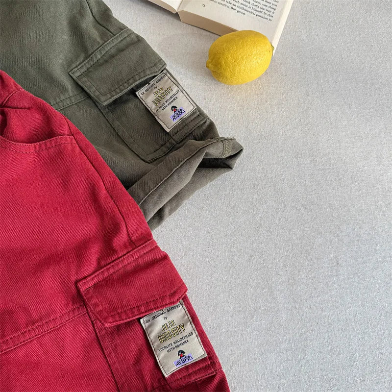 2025 Spring New Children Cargo Pants Cotton Boys Casual Pants Solid Versatile Baby Girls Loose Trousers Kids Wide Leg Pants