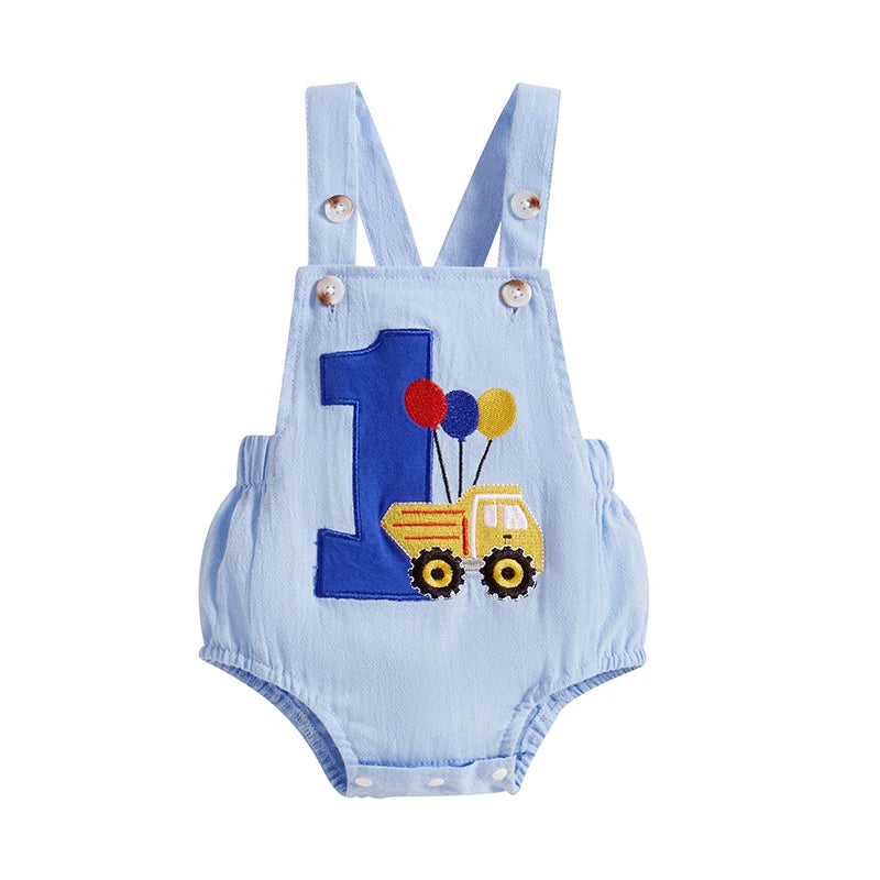 Infant 1st Birthday Denim Jumpsuit with Number Embroidery and Sleeveless Design Square Neck Baby Romper Bodysuit