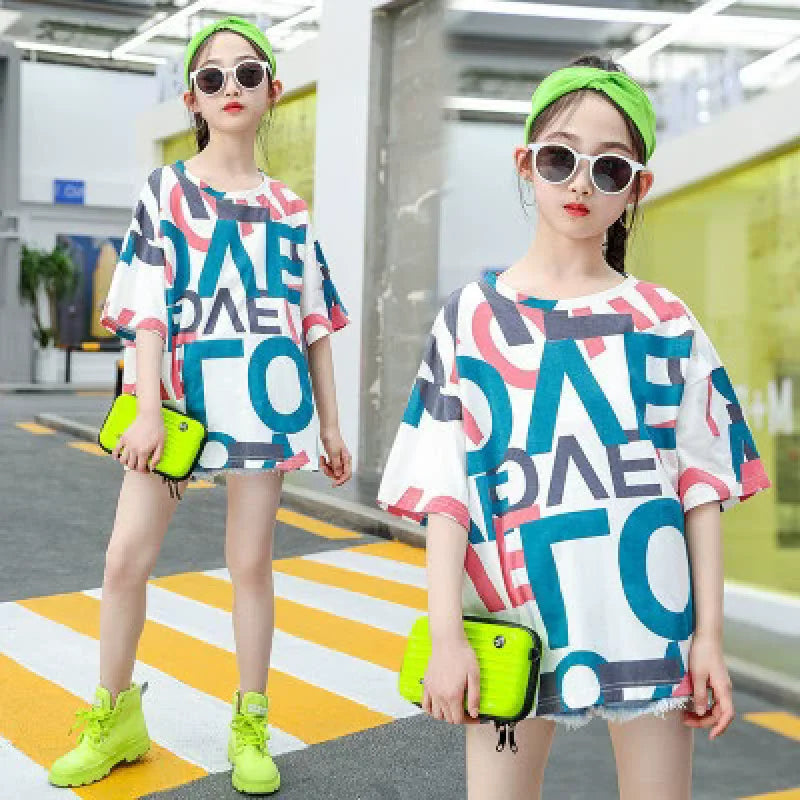 Girls T-shirt Summer Teenagers Short Sleeve Tops Tees Sport Kids School Costume Children Long Clothes 4-12 Years Old