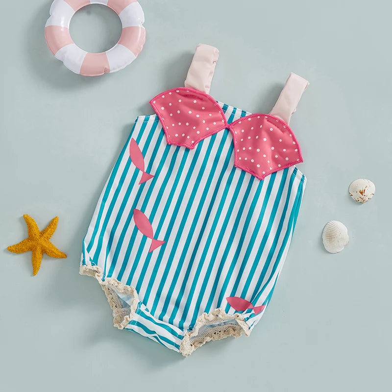 Striped Print Sleeveless Square Neck Baby Girl Swimsuit Toddler Bathing Suit Summer Swimwear Beachwear for Infants