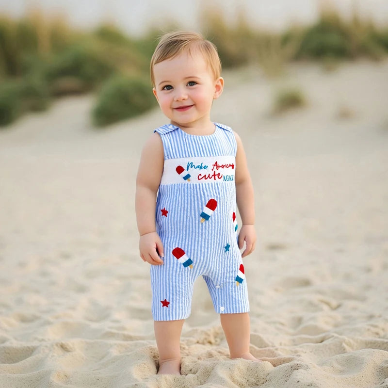 Toddler Girls 4th of July Romper Sleeveless Round Neck Popsicle Print Striped Jumpsuit with Embroidered Letters