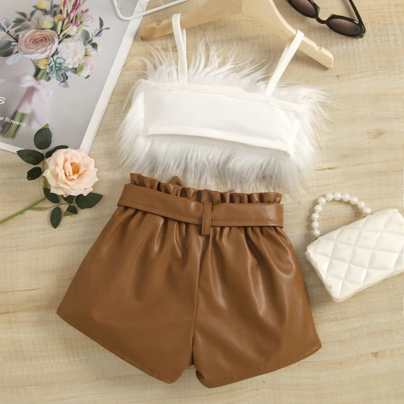 Listenwind 2-7Y Kids Children Girls Clothes Set Vest Tops Pu Leather Bow Shorts Summer Outfits