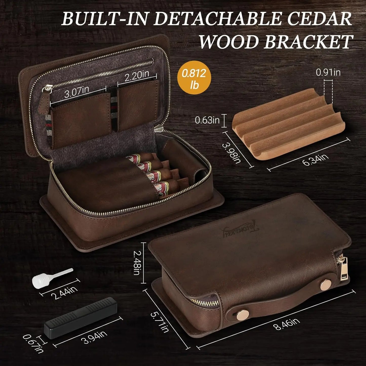 Cigar Humidor Leather Cedar Wood Cigar Case with Cigar Lighter, Cigar Cutter,Humidifier,Portable Travel Humidor Cigar Box