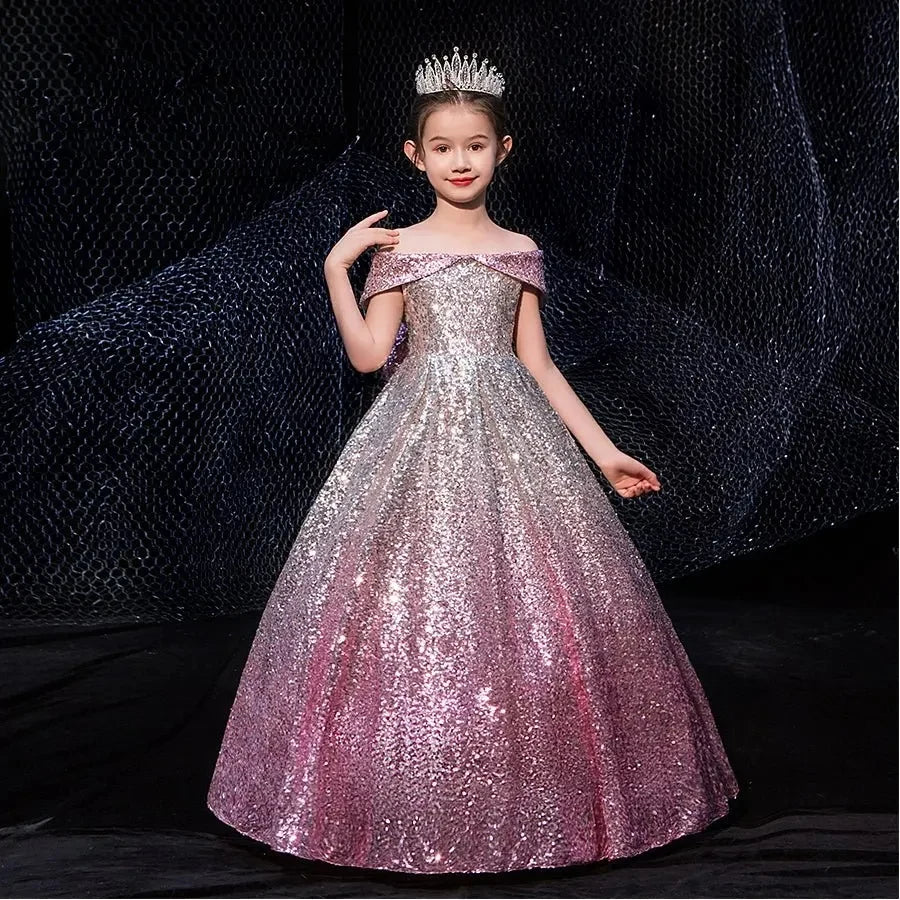 Luxury Formal Evening Dresses for Flower Girl Dress Kids Birthday Party Elegant Sequins Gown Fluffy Long Pageant Prom Ball Gown