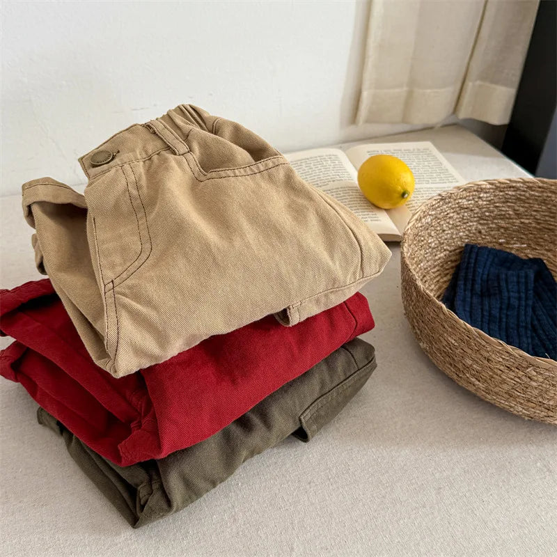 2025 Spring New Children Cargo Pants Cotton Boys Casual Pants Solid Versatile Baby Girls Loose Trousers Kids Wide Leg Pants