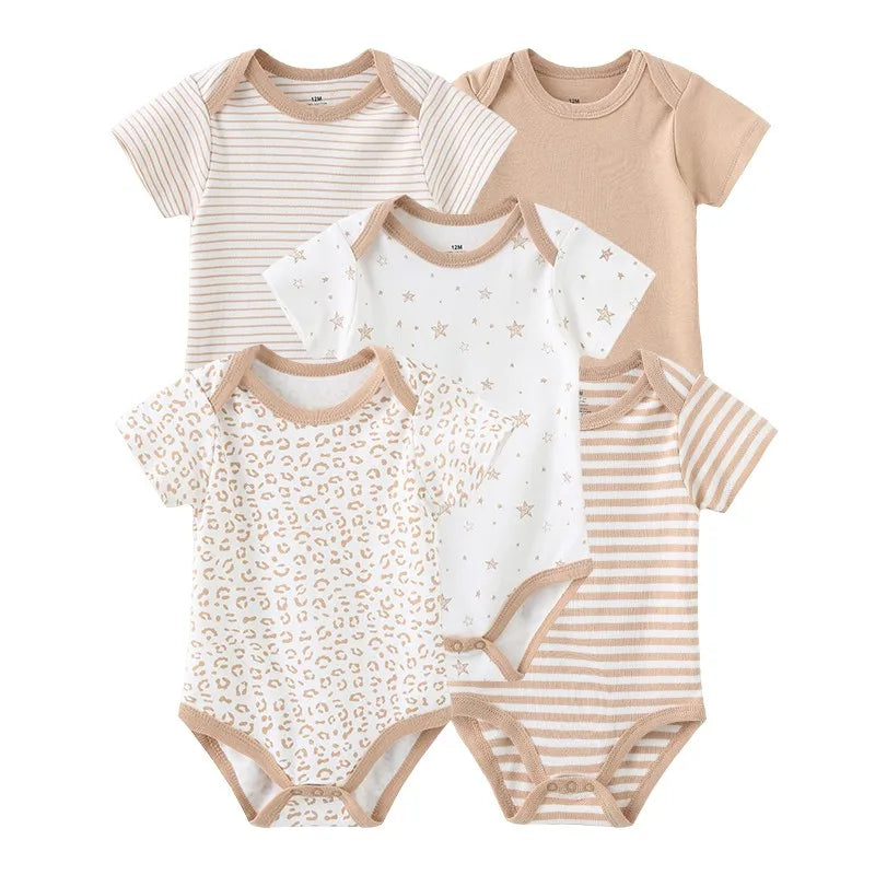 Kiddiezoom 5 Piece Fashion Cartoon Boys and Girls Bodysuits 100% Cotton Soft Newborn Bodysuit Set Summer
