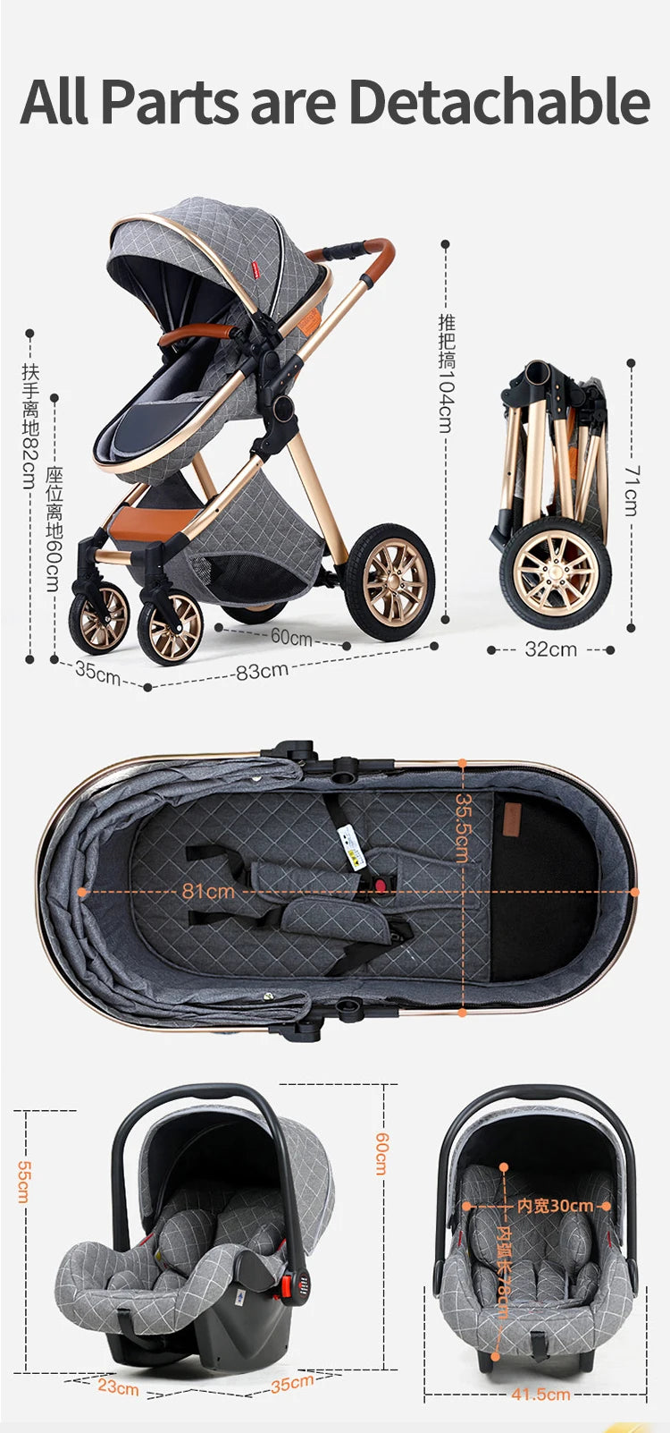 3in1 baby stroller multifunctional luxury baby stroller two-way seated and sleeping baby stroller, newborn travel baby stroller