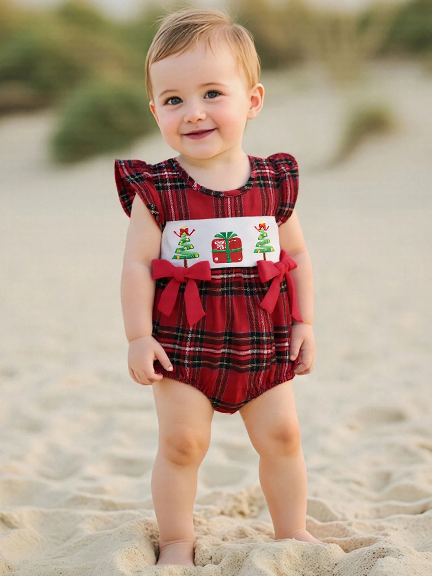 Baby Girl Summer Romper Casual Christmas Tree Embroidery Plaid Print Fly Sleeves Jumpsuit for Newborn Cute Clothes