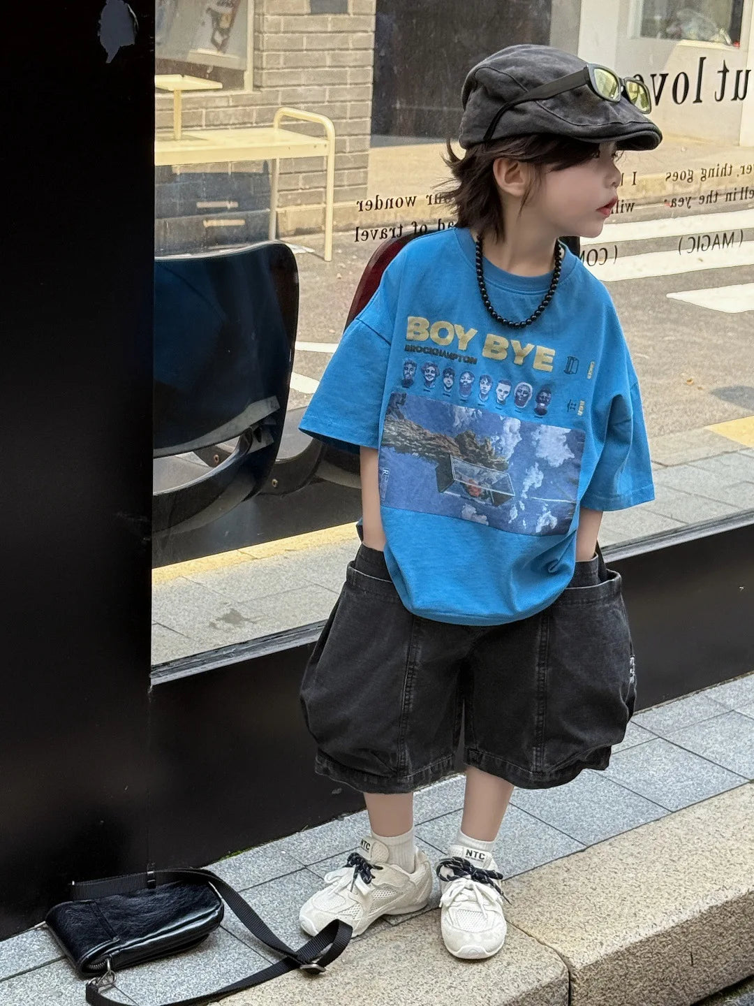 Children T-shirt Summer Boys Fashion Handsome Print Blue Crewneck Short Sleeve Loose Fit Version Tops Kid Clothes Tees A52020