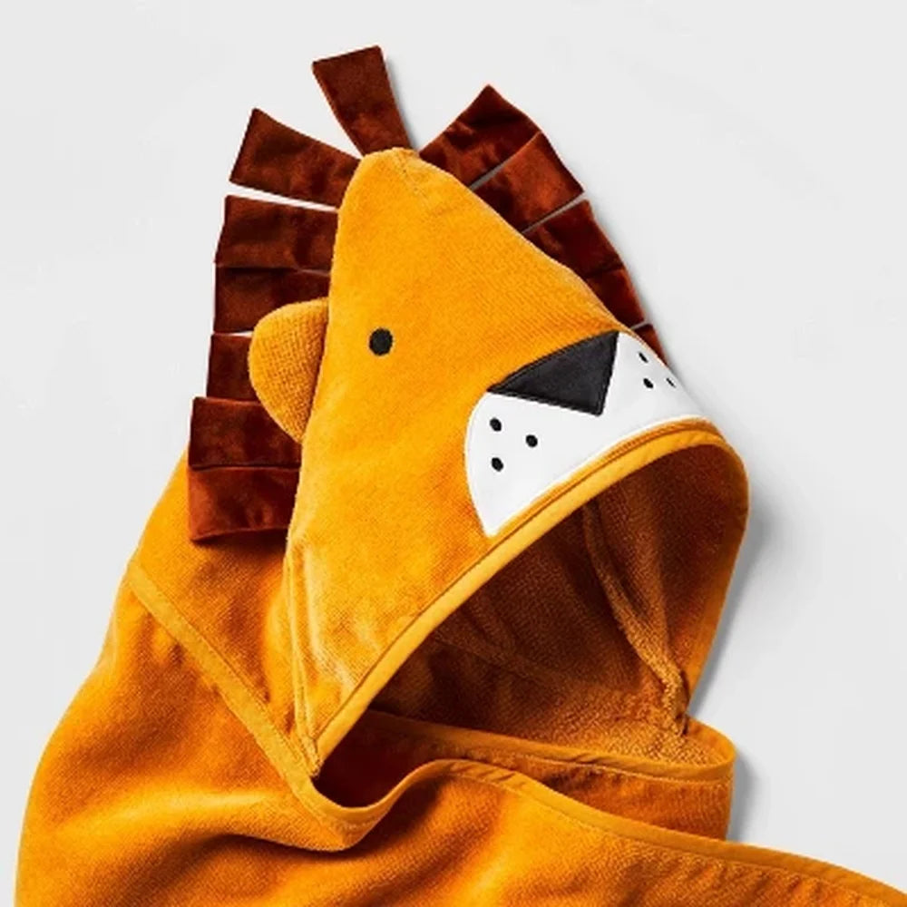 Hooded Lion Kids Bath Towel 100% Cotton Velour Lightweight Soft Baby Towel with Fun Animal Design Easy Hanging Machine Washable