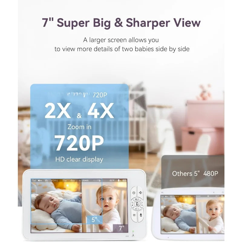 Split-Screen Baby Monitor with 2 1080P Cameras, 7" HD 720P Baby Monitor No WiFi with a Flexible Bracket, Video Baby Monitor with