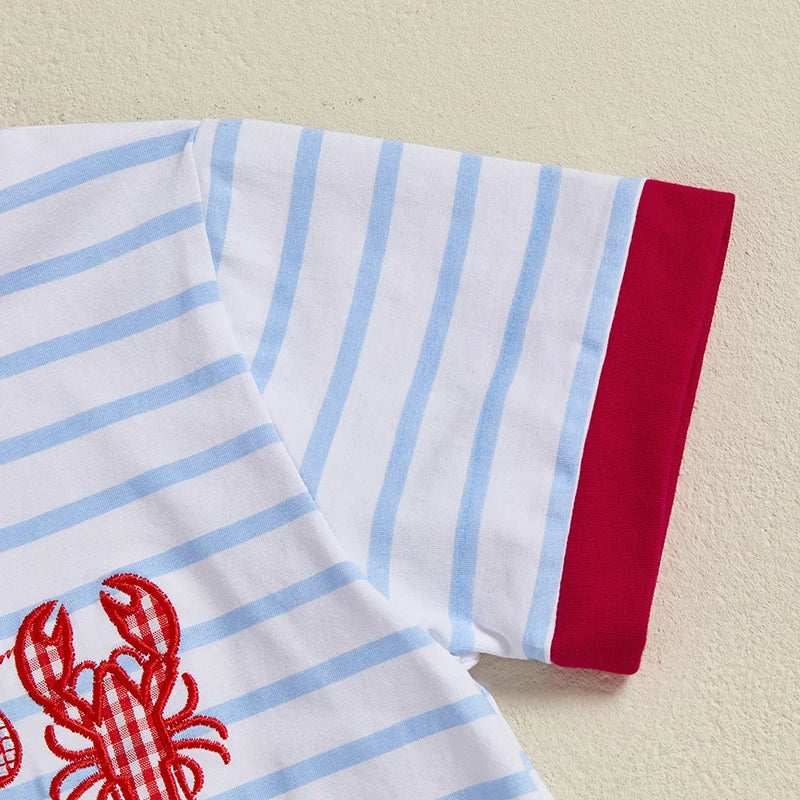 Boys Summer Outfit Set Short Sleeve Striped T-shirt with Embroidered Crayfish Design and Elastic Waist Shorts for Toddlers