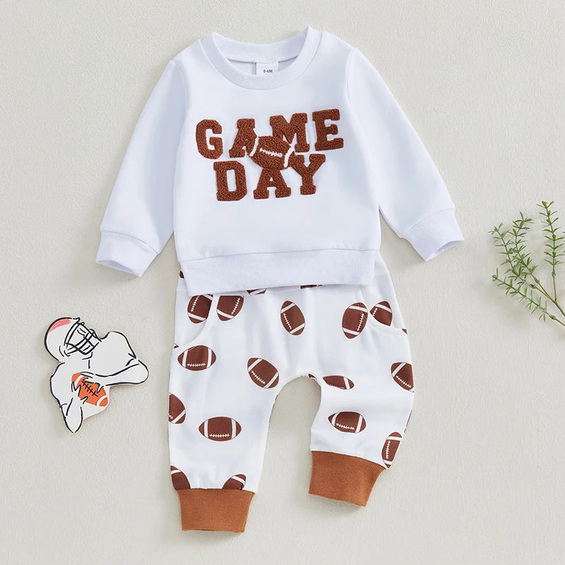 Baby Boy 2Pcs Football Outfit Long Sleeve Letter Embroidery Sweatshirt Trousers Set Toddler Clothes