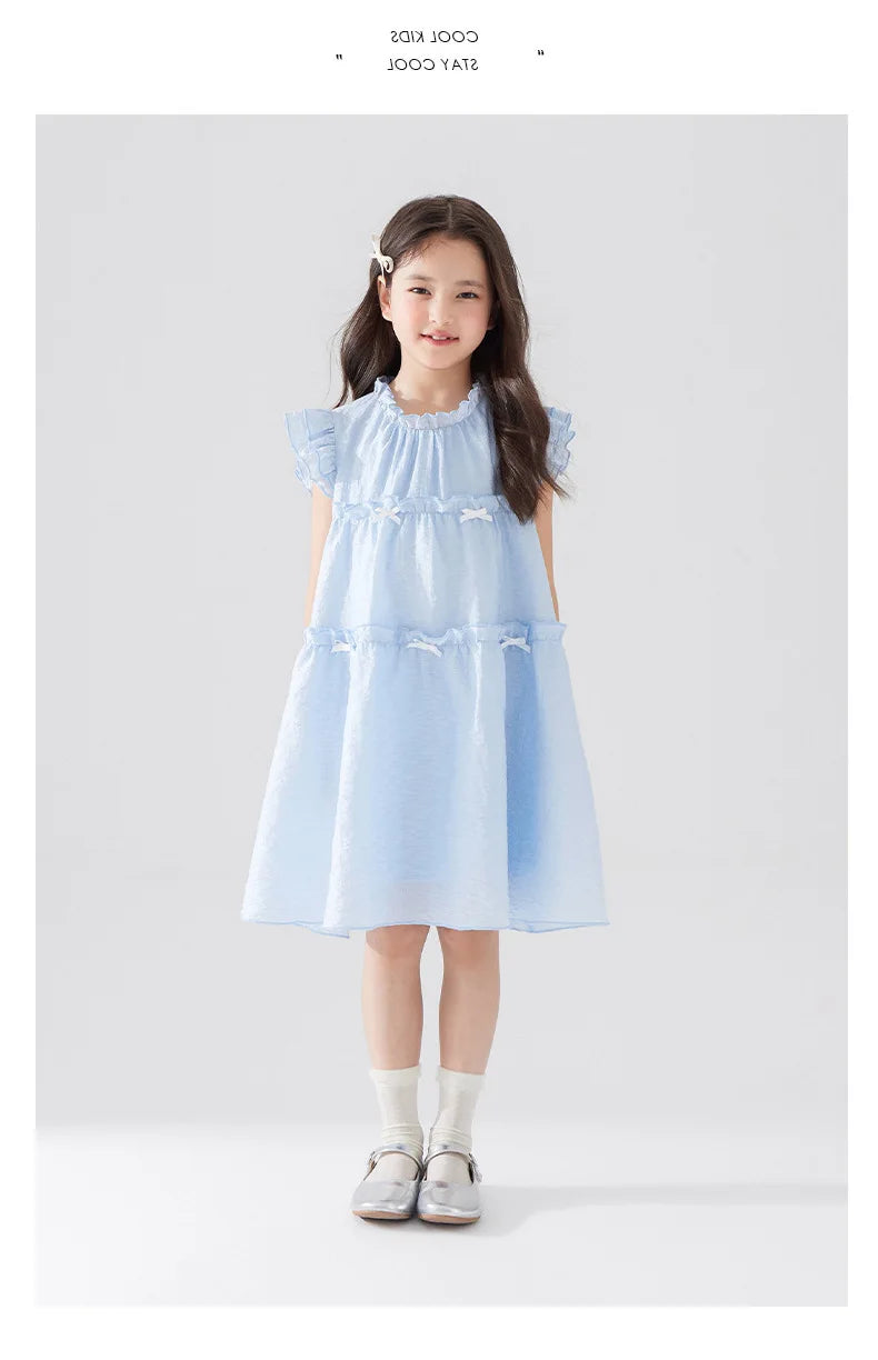 Girls Summer Dress Sweet Flying Sleeve Bow Lace Ruched Kids Girls Princess Dress Thin Cotton Cool Children Girls Dress