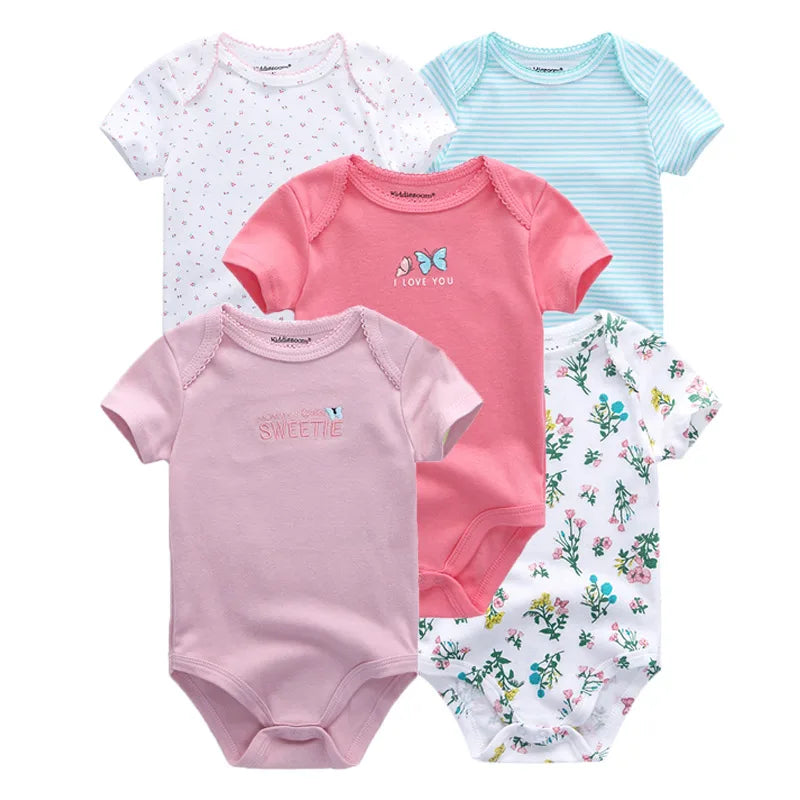Kiddiezoom 5 Piece Fashion Cartoon Boys and Girls Bodysuits 100% Cotton Soft Newborn Bodysuit Set Summer