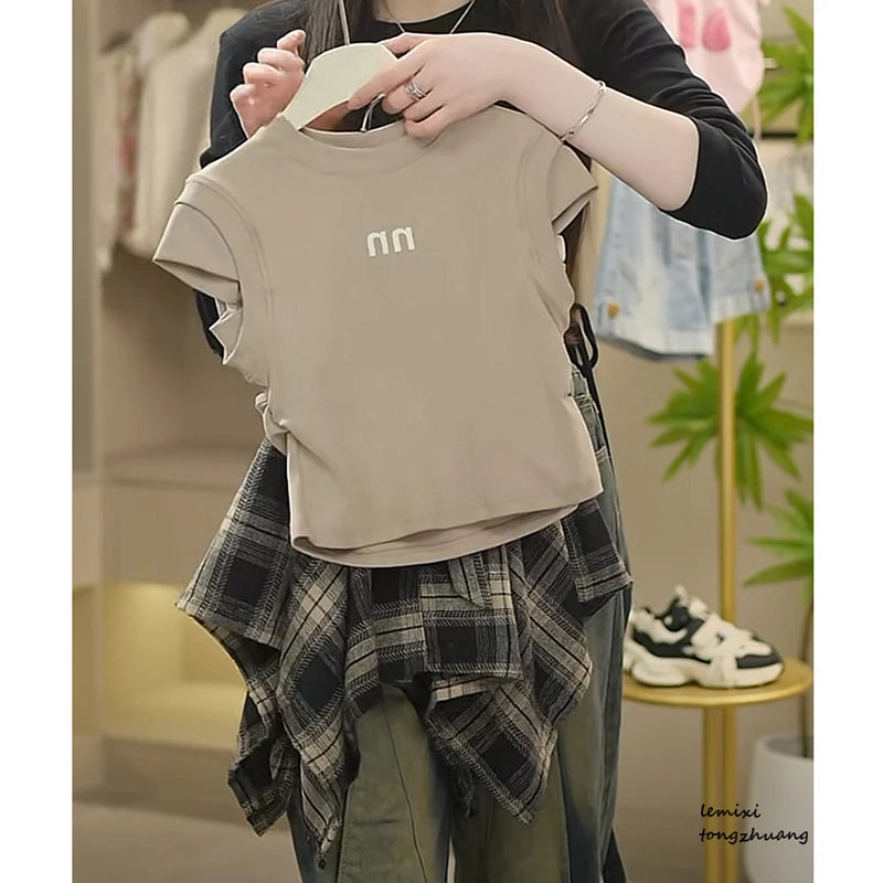 Summer Girls Clothing Set Solid Color Sleeveless T-shirt+Plaid Irregular Skirt 2Pcs Suit For 5-14 Years Teen Kids Fashion Outfit