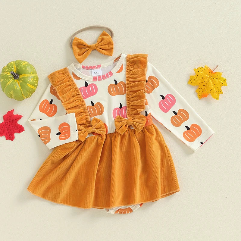 Toddler Girls Halloween Costume Dress with Pumpkin Print Romper Flying Sleeves O Neck and Matching Headband for a Spooky Look