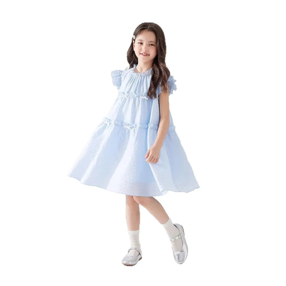 Girls Summer Dress Sweet Flying Sleeve Bow Lace Ruched Kids Girls Princess Dress Thin Cotton Cool Children Girls Dress