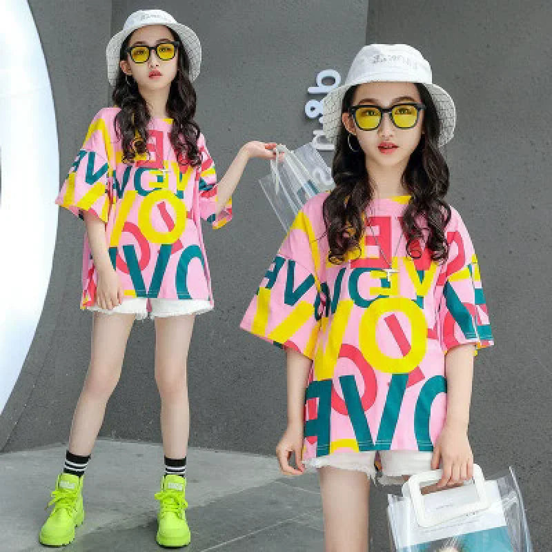 Girls T-shirt Summer Teenagers Short Sleeve Tops Tees Sport Kids School Costume Children Long Clothes 4-12 Years Old