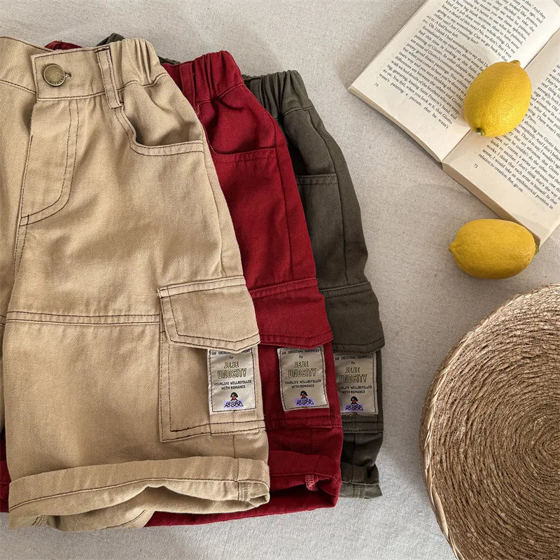 2025 Spring New Children Cargo Pants Cotton Boys Casual Pants Solid Versatile Baby Girls Loose Trousers Kids Wide Leg Pants