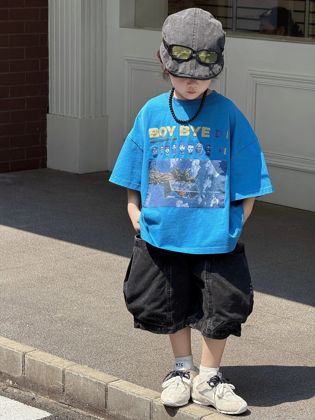 Children T-shirt Summer Boys Fashion Handsome Print Blue Crewneck Short Sleeve Loose Fit Version Tops Kid Clothes Tees A52020