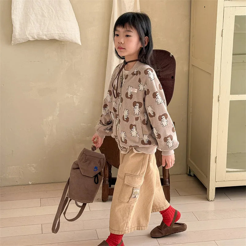 2025 Spring New Children Cargo Pants Cotton Boys Casual Pants Solid Versatile Baby Girls Loose Trousers Kids Wide Leg Pants