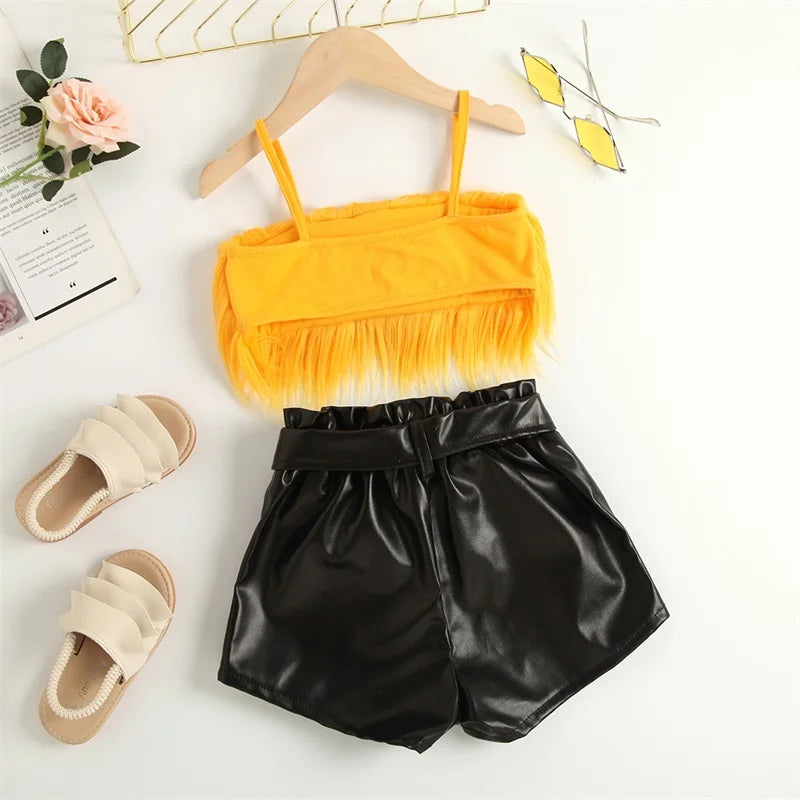 Listenwind 2-7Y Kids Children Girls Clothes Set Vest Tops Pu Leather Bow Shorts Summer Outfits