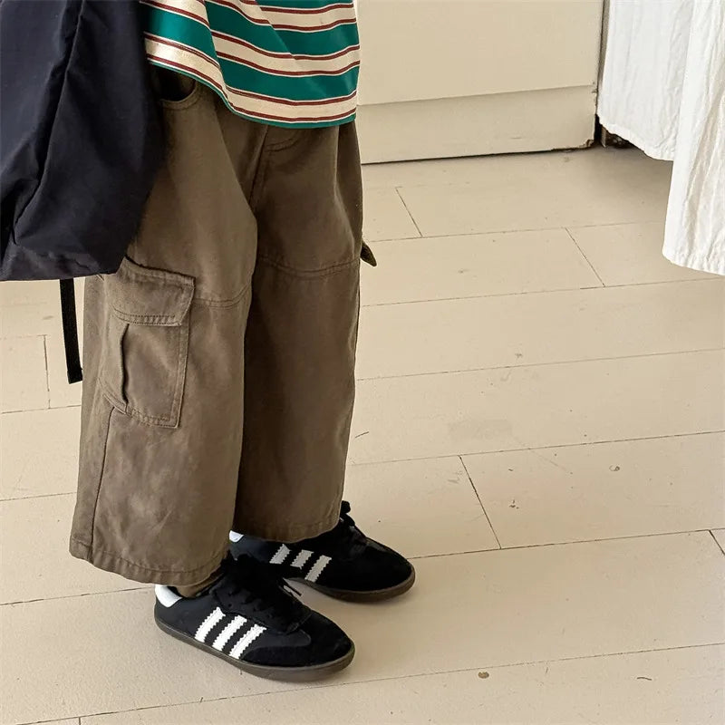 2025 Spring New Children Cargo Pants Cotton Boys Casual Pants Solid Versatile Baby Girls Loose Trousers Kids Wide Leg Pants