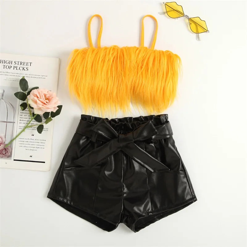 Listenwind 2-7Y Kids Children Girls Clothes Set Vest Tops Pu Leather Bow Shorts Summer Outfits