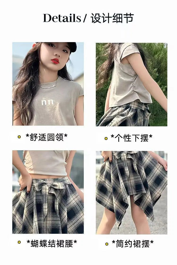 Summer Girls Clothing Set Solid Color Sleeveless T-shirt+Plaid Irregular Skirt 2Pcs Suit For 5-14 Years Teen Kids Fashion Outfit