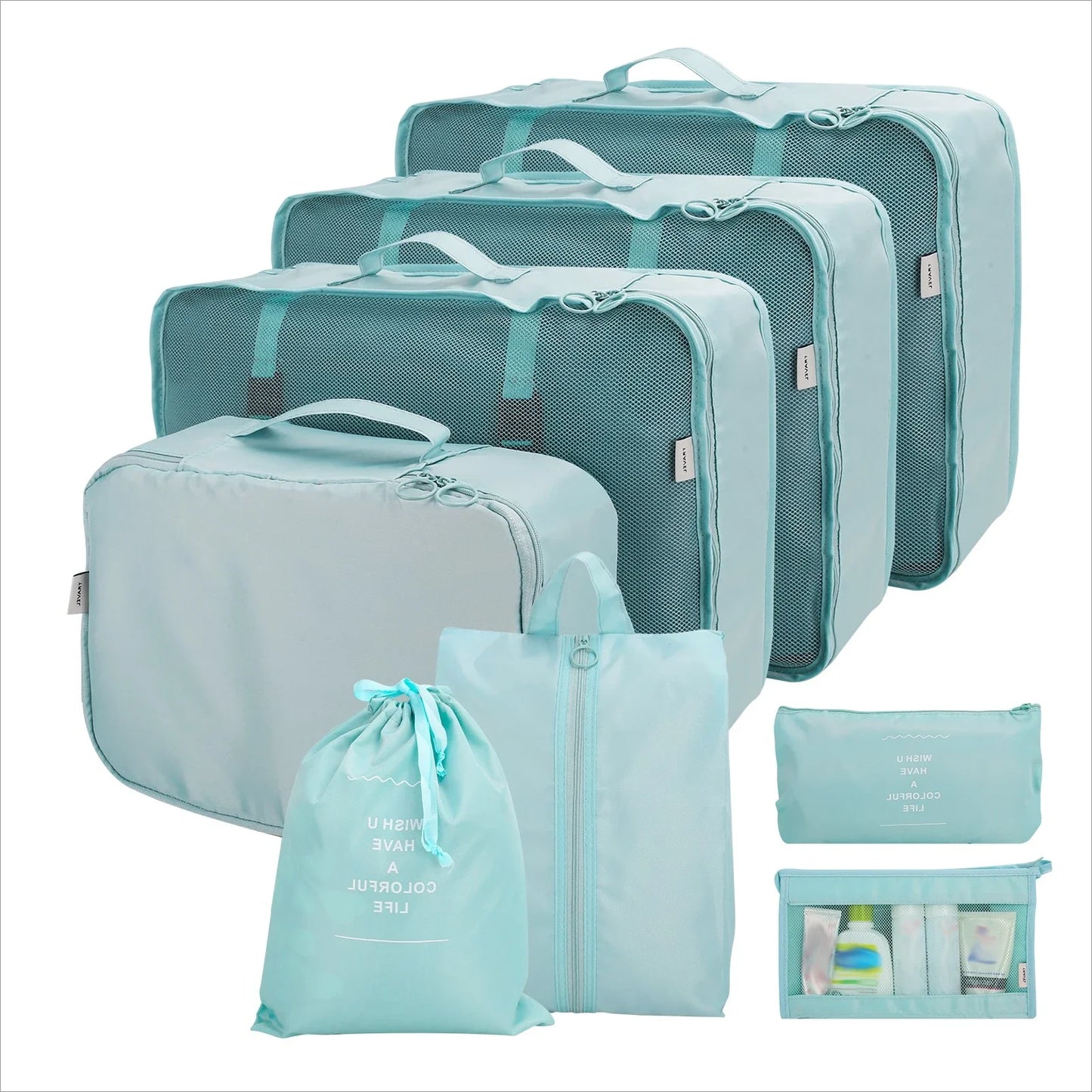 Waterproof Packing Cubes 8pc Set for Suitcases Travel Packing Organizer With Double Zipper Pulls Mesh Top 100% Durable Polyester