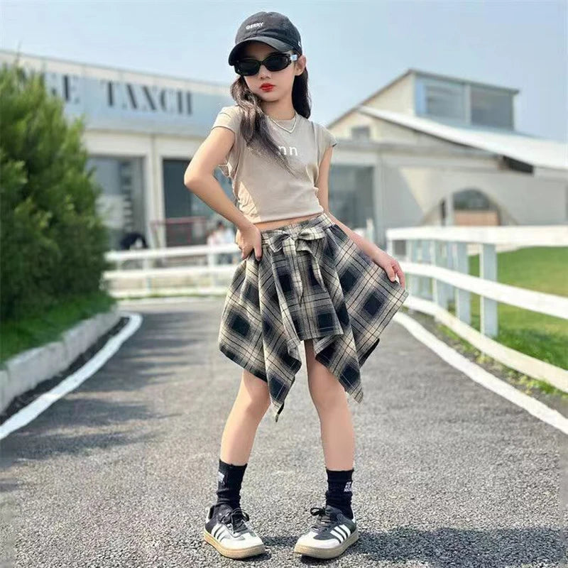 Summer Girls Clothing Set Solid Color Sleeveless T-shirt+Plaid Irregular Skirt 2Pcs Suit For 5-14 Years Teen Kids Fashion Outfit