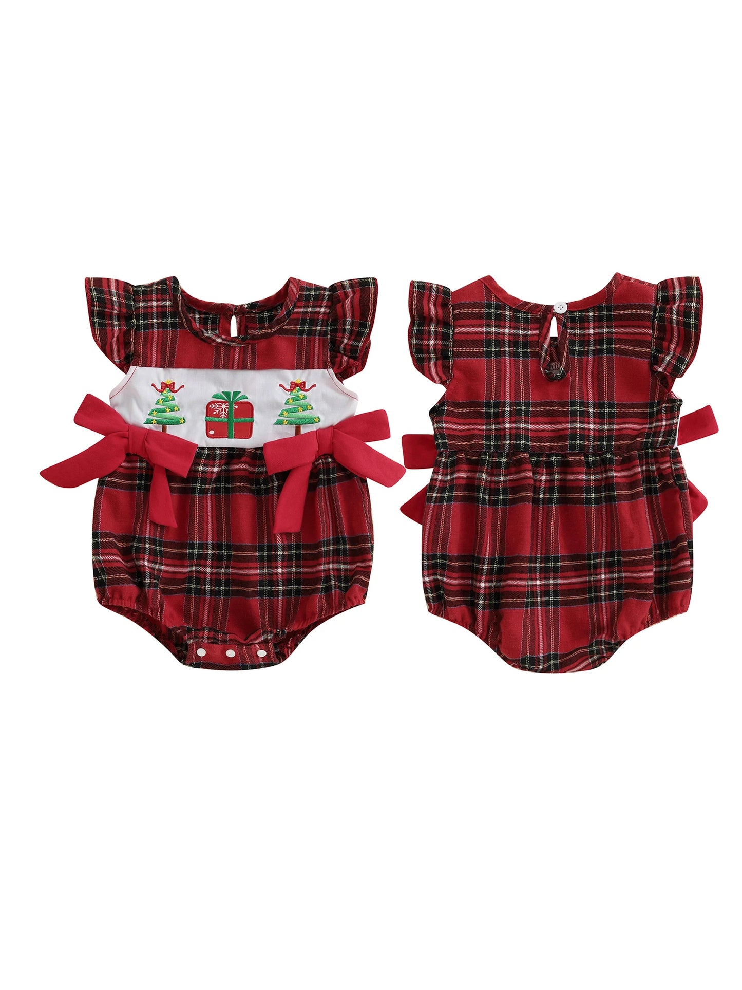 Baby Girl Summer Romper Casual Christmas Tree Embroidery Plaid Print Fly Sleeves Jumpsuit for Newborn Cute Clothes