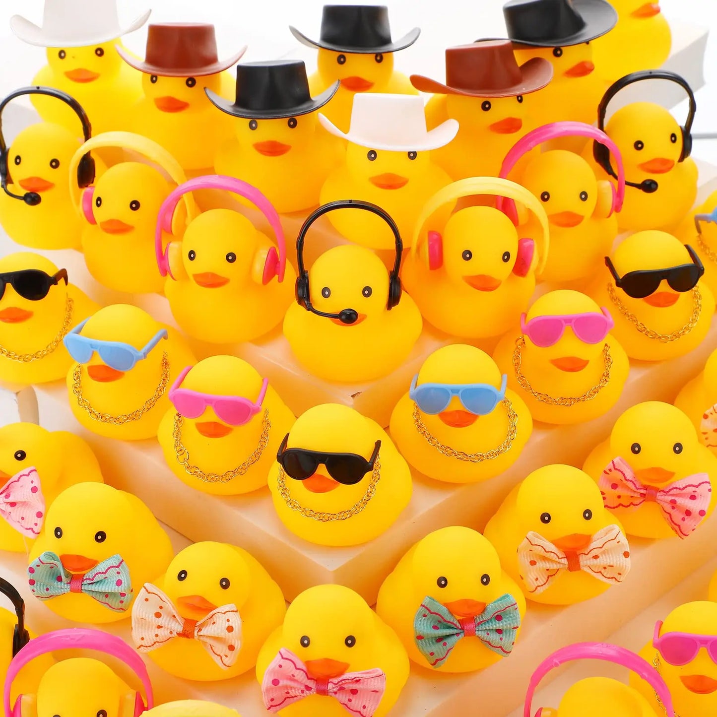 48 Pcs Rubber Duck Bath Toy Bulk Yellow Duck Car Ornaments with 12 Sunglasses 12 Cowboy Hat 12 Bow 12 Necklace 8 Earphones