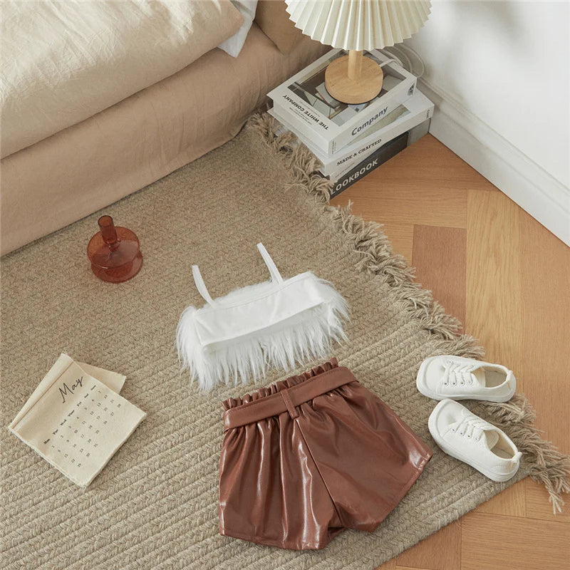 Listenwind 2-7Y Kids Children Girls Clothes Set Vest Tops Pu Leather Bow Shorts Summer Outfits