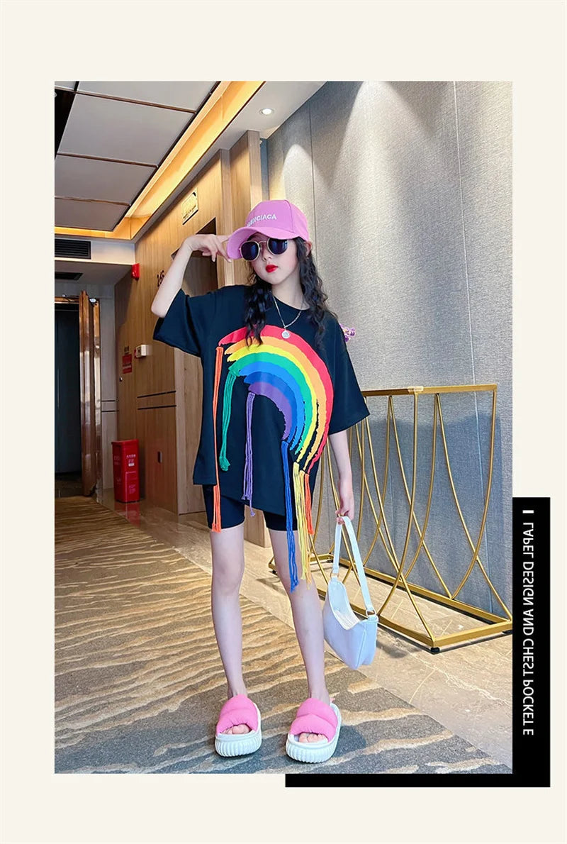 Girls T-shirt Summer Teenagers Short Sleeve Tops Tees Sport Kids School Costume Children Long Clothes 4-12 Years Old