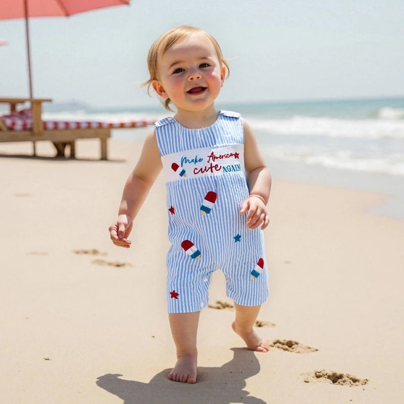 Toddler Girls 4th of July Romper Sleeveless Round Neck Popsicle Print Striped Jumpsuit with Embroidered Letters